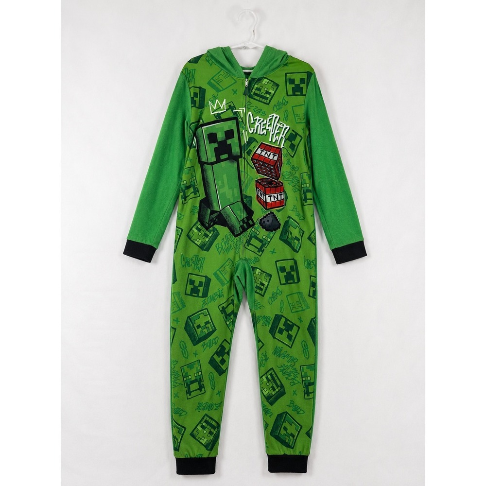 Minecraft Creeper Kids Hooded Fleece Union Suit Green Pajamas Size 10